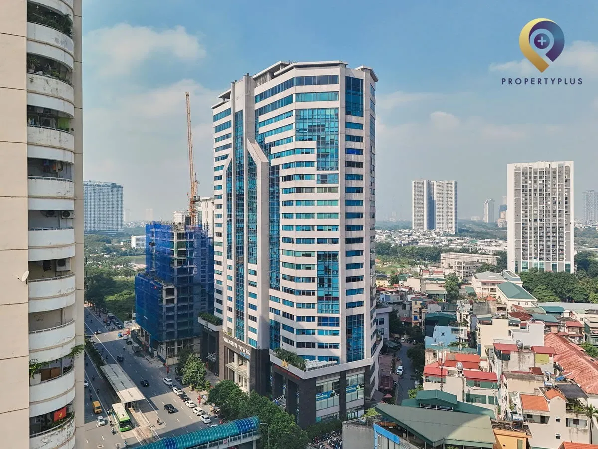 Toàn cảnh tòa nhà Viwaseen Tower nhìn từ trên cao, nổi bật giữa khu vực Nam Từ Liêm.